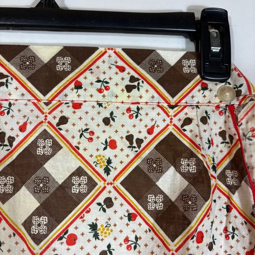 Brown White Fruit Apron Vintage Large Pockets Handmade Picnic Small Child Size